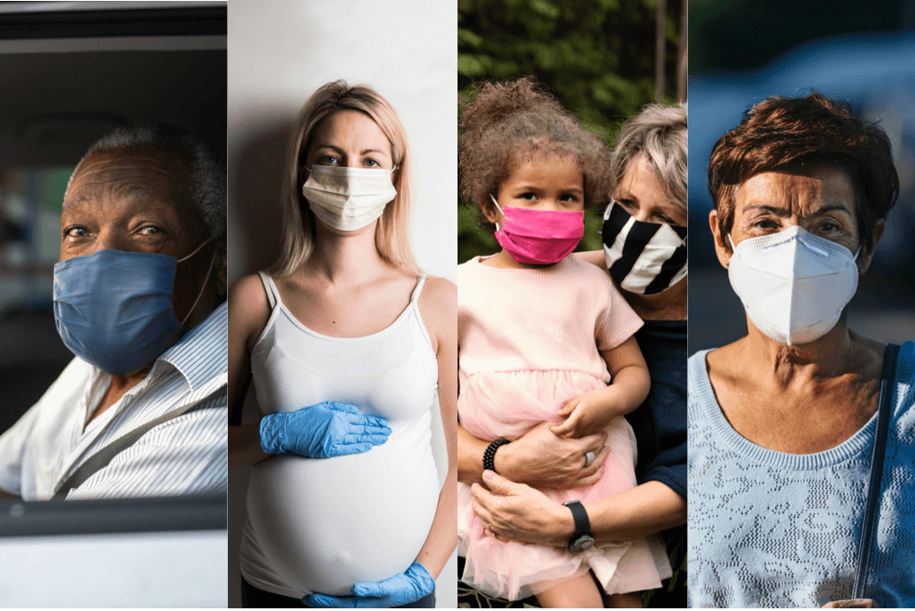 images of people in masks, including elderly African American, pregnant woman, mother holding young child, older woman